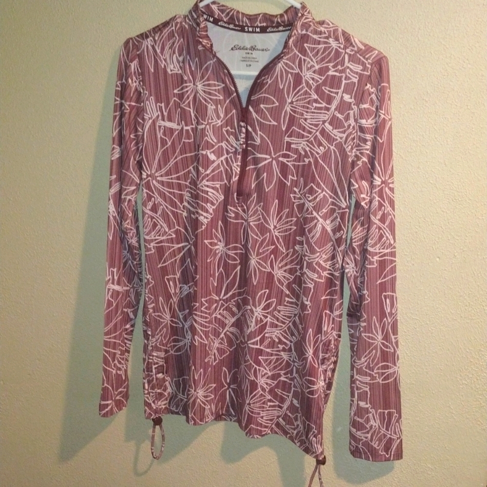 Eddie Bauer Swim women’s Pink tropical 1/4 zip Rashguard UPF 50 size S